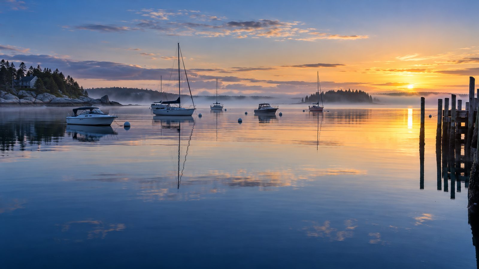 Boats on their moorings in a calm New England harbor at dawn