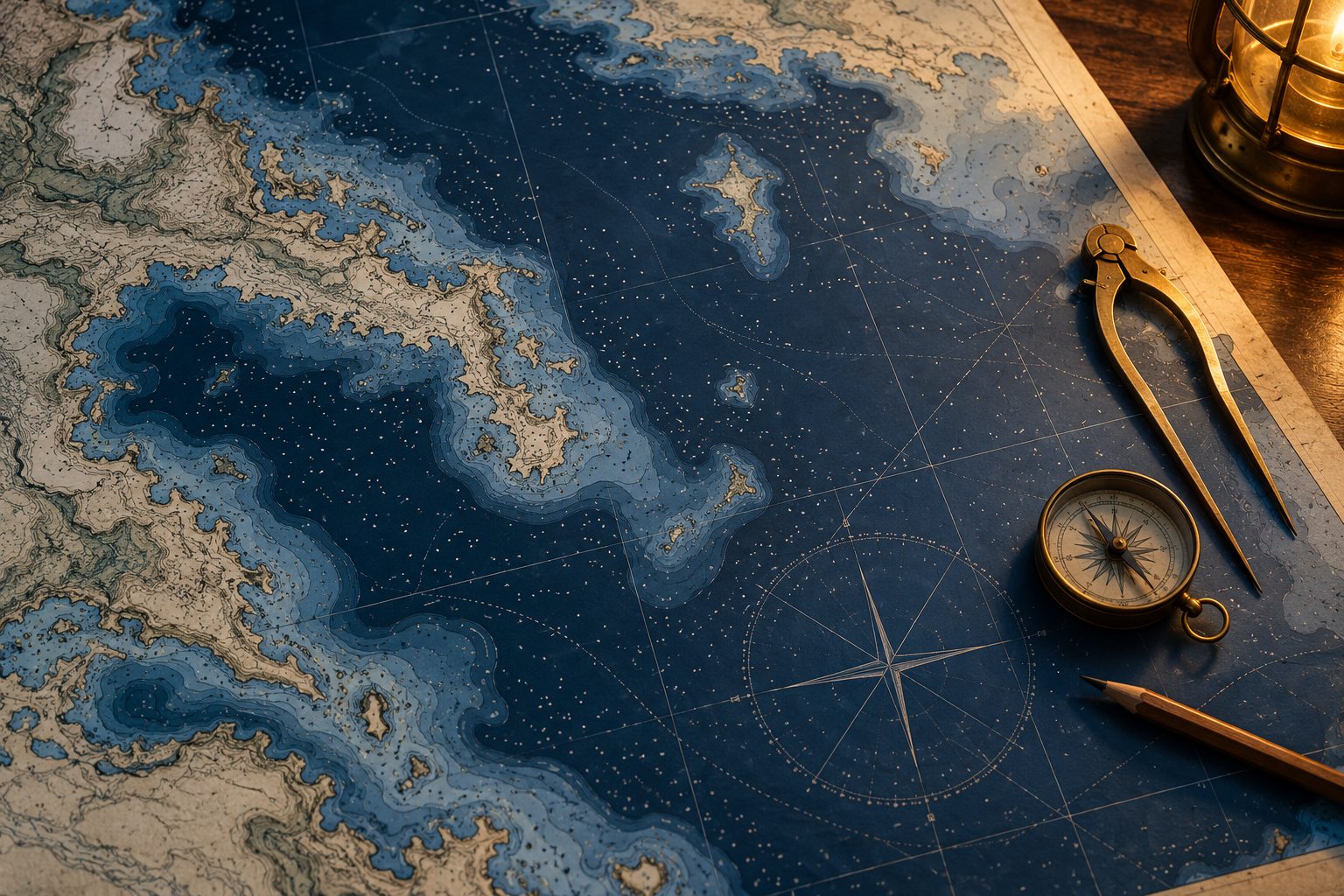 Brass dividers, a compass and a pencil resting on a nautical chart under lamp light
