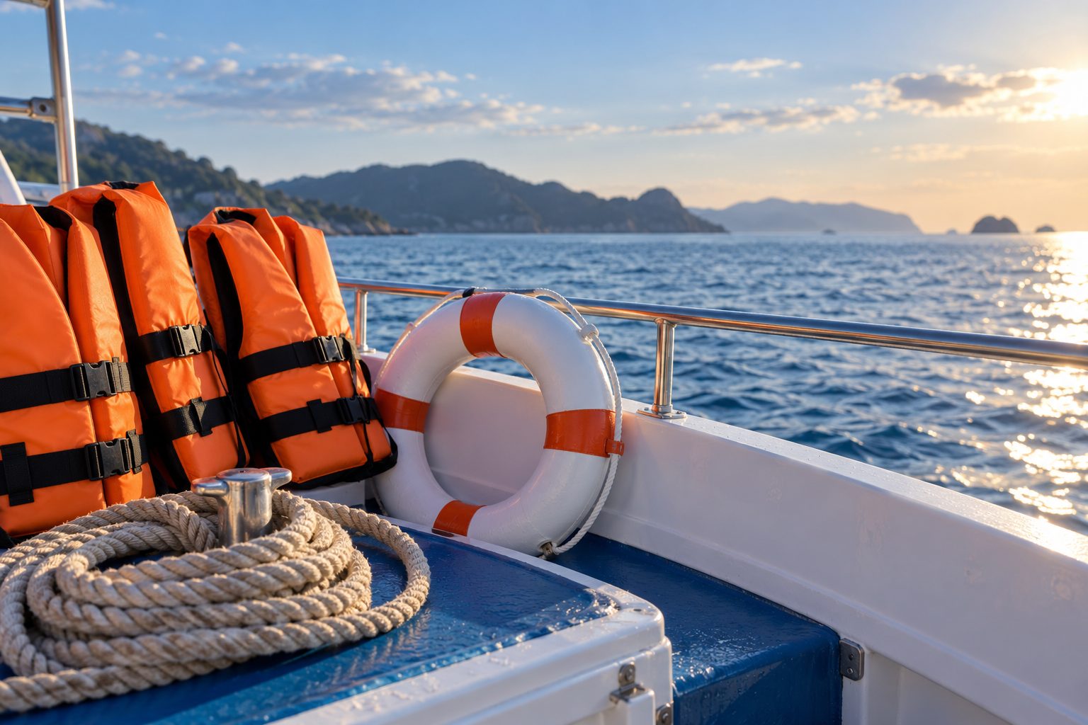Orange life jackets, a ring buoy and a coiled line stowed on a boat's deck at sea
